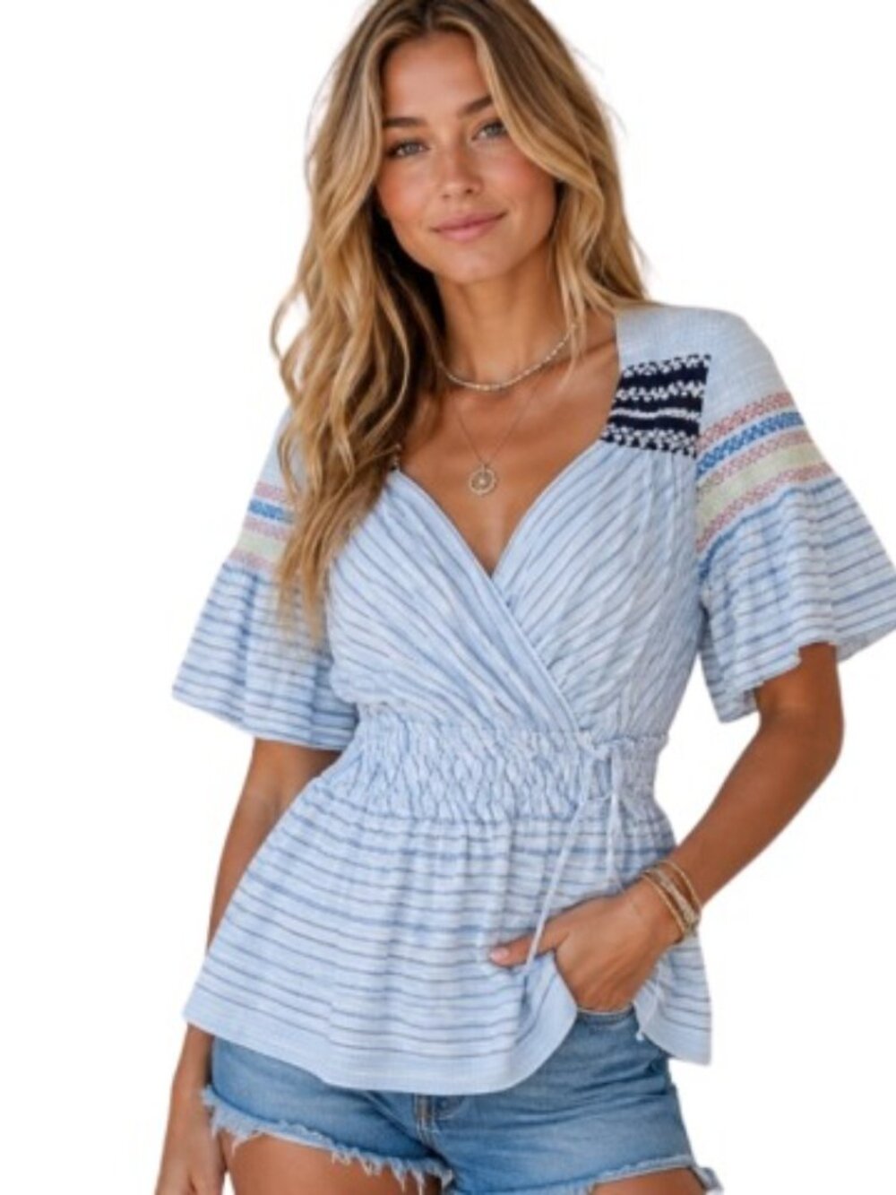 Peter Pilotto Womens Sky Blouse Variegated Stripe Drawstring Waist Cotton Silk 8